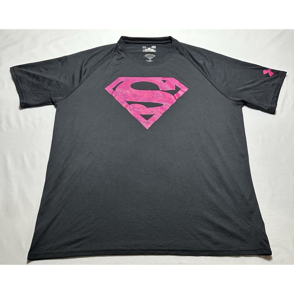 Superman Under Armour Shirt Mens Size Large Black Pink HeatGear Collab 2014
